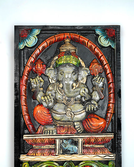 Wooden Carved Ganesha with Flower Design Wall Hanging Frame - 24 inch - WL5625