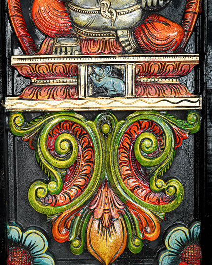 Wooden Carved Ganesha with Flower Design Wall Hanging Frame - 24 inch - WL5625