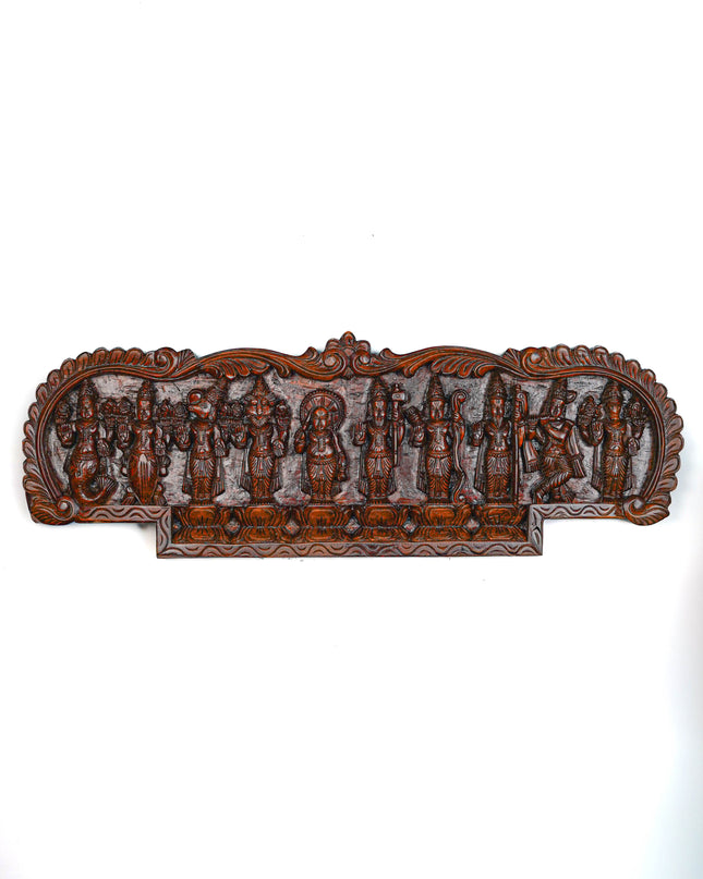 Wooden Carved Dasavatharam Wall Hanging Panel - Brown - 36 inch - WL5628