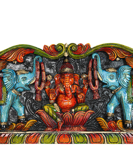 Wooden Carved Ganesha with Elephant Wall Hanging Panel - 35 inch - WL5629
