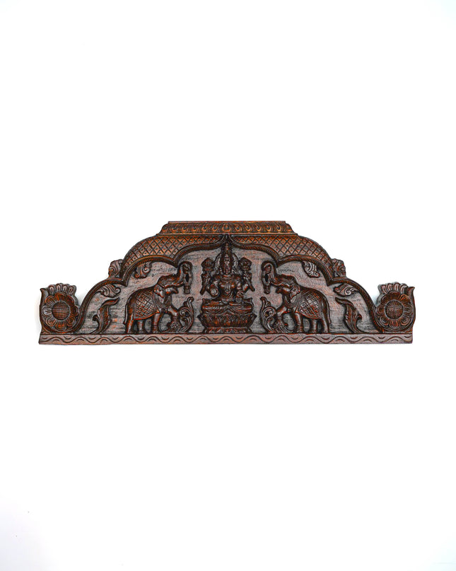 Wooden Carved Gajalakshmi Wall Hanging Panel - Brown - 36 inch - WL5631