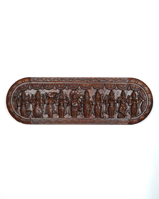 Wooden Carved Dasavatharam Wall Hanging Panel - Brown - 36 inch - WL5633