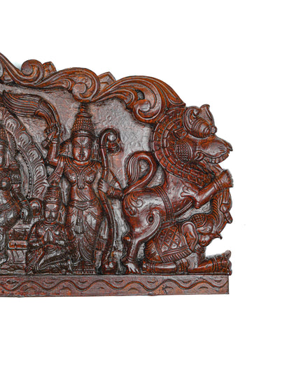 Wooden Carved Ram Darbar with Yazhi Wall Hanging Panel - 30 inch - WL5634