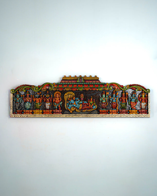 Wooden Carved Maha Vishnu - Dasavatharam Wall Hanging Panel - 60 inch - WL5640