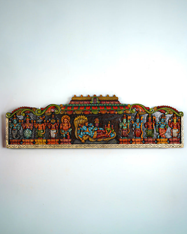 Wooden Carved Maha Vishnu - Dasavatharam Wall Hanging Panel - 60 inch - WL5640