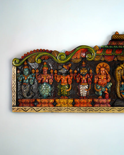 Wooden Carved Maha Vishnu - Dasavatharam Wall Hanging Panel - 60 inch - WL5640