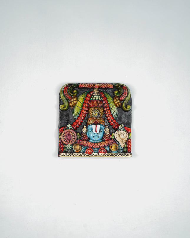 Wooden Carved Tirupathi Balaji with Flower Design Wall Hanging Frame - 12 inch - WL5643