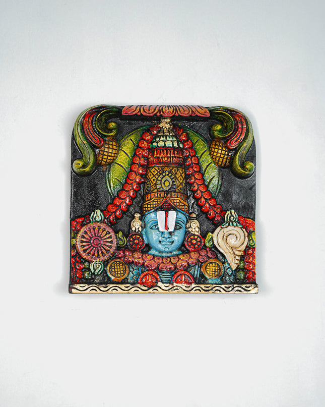 Wooden Carved Tirupathi Balaji with Flower Design Wall Hanging Frame - 12 inch - WL5643