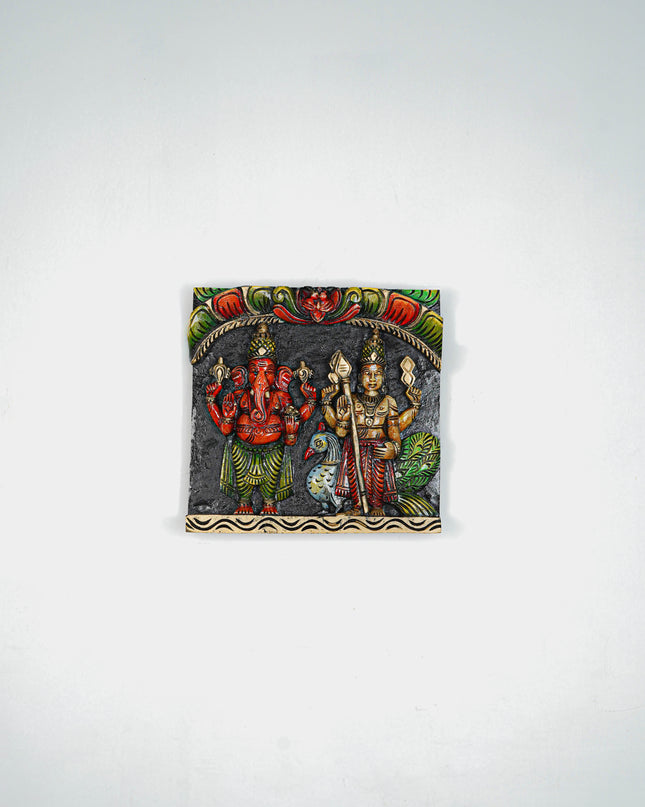 Wooden Carved Ganesha - Murugan Wall Hanging Frame - 12 inch - WL5645