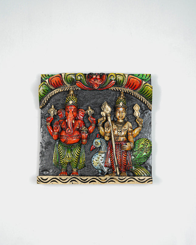 Wooden Carved Ganesha - Murugan Wall Hanging Frame - 12 inch - WL5645