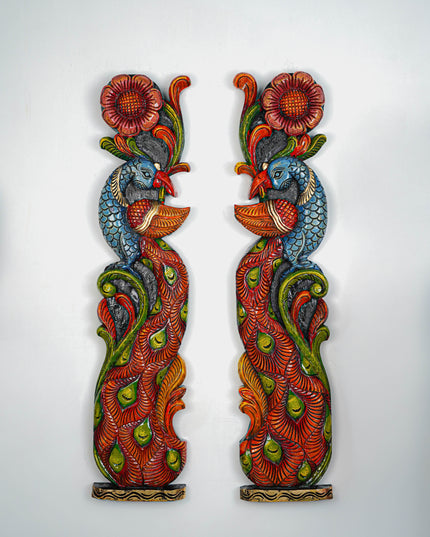Wooden Carved Peacock with Flower Wall Hanging - Set of 2 - 36 inch - WL5647