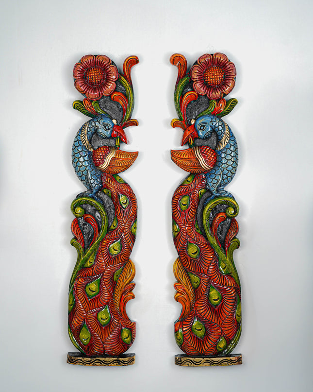 Wooden Carved Peacock with Flower Wall Hanging - Set of 2 - 36 inch - WL5647