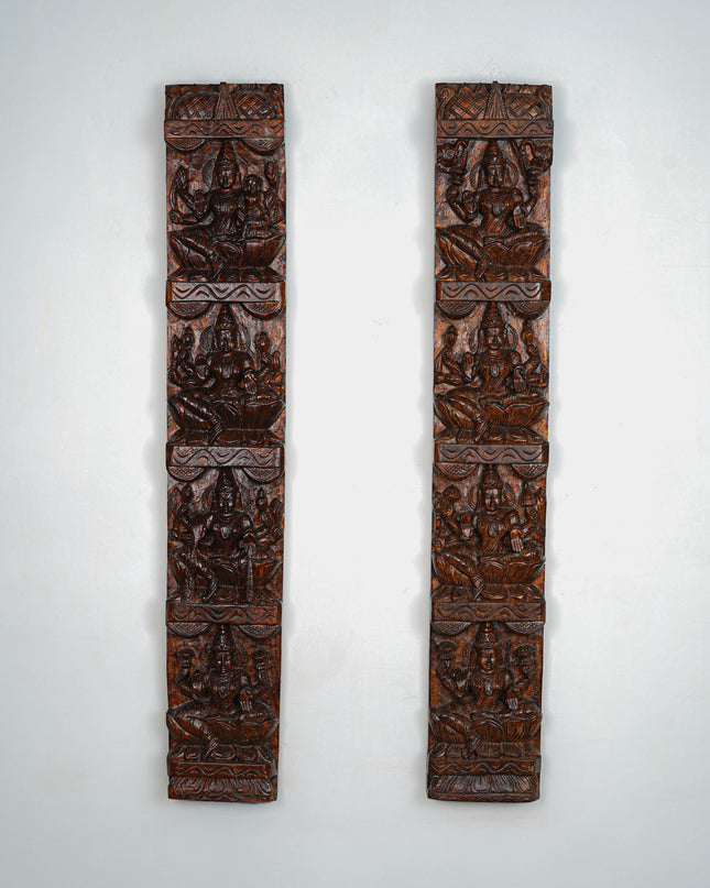 Wooden Carved Ashtalakshmi Wall Hanging Panel - Set of 2 - 36 inch - WL5649