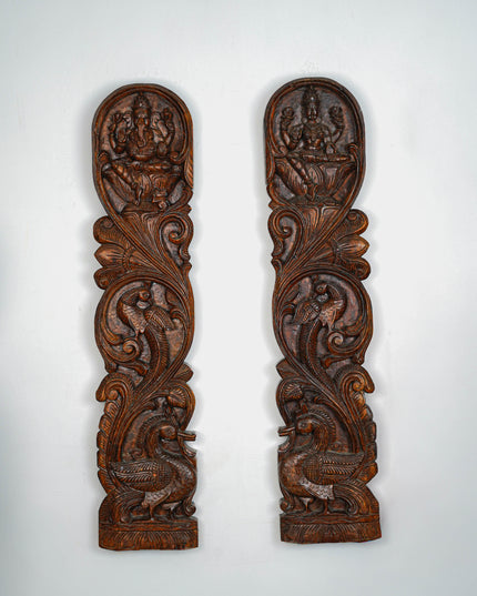 Wooden Carved Ganesha - Lakshmi Wall Hanging Panel - Set of 2 - 36 inch - WL5651