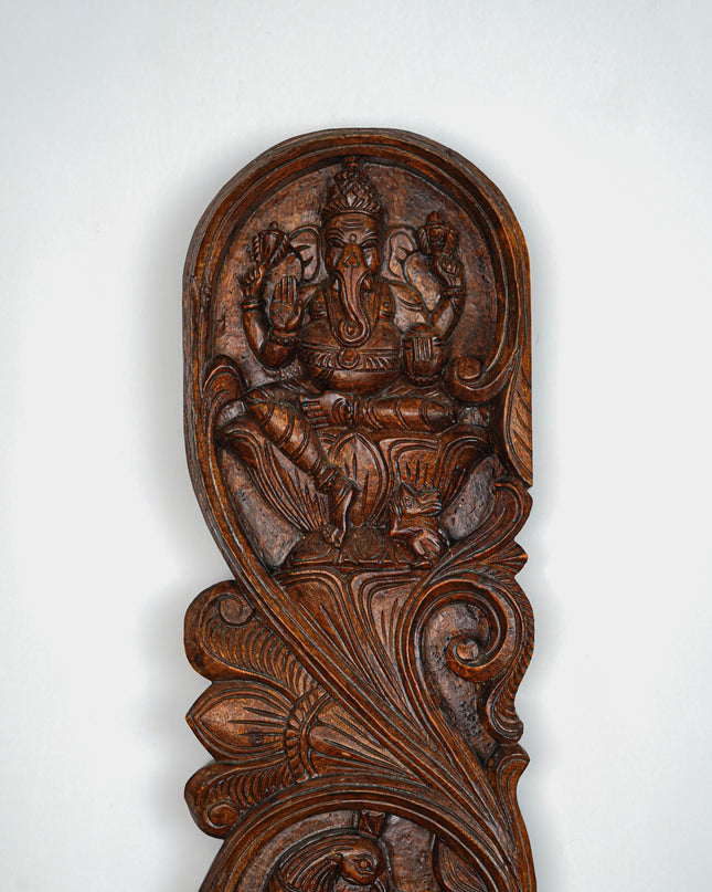 Wooden Carved Ganesha - Lakshmi Wall Hanging Panel - Set of 2 - 36 inch - WL5651