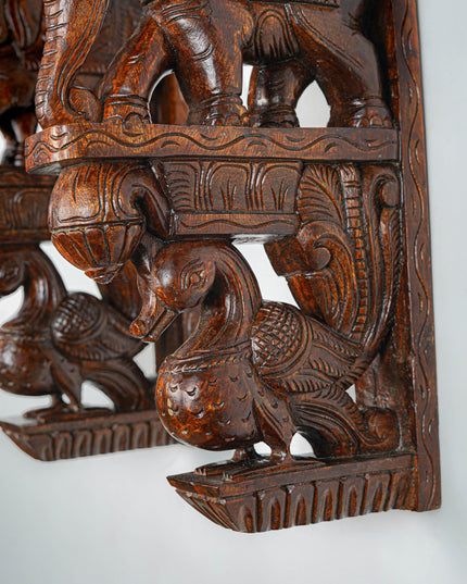 Wooden Carved Elephant with Annapakshi Wall Hanging Bracket - Set of 2 - 23 inch - WL5652