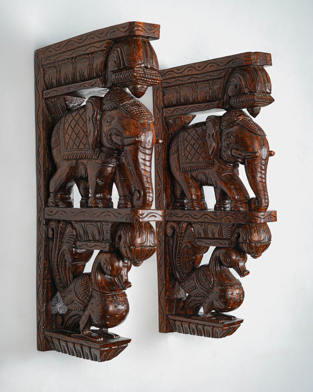 Wooden Carved Elephant with Annapakshi Wall Hanging Bracket - Set of 2 - 23 inch - WL5652