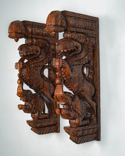 Wooden Carved Yazhi with Elephant Wall Hanging Bracket - Set of 2 - 27 inch - WL5653