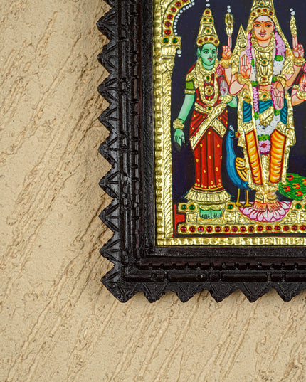 Tanjore Painting (Chettinad Frame) - Murugan-Valli-Deivanai - Flat (Gold Foil) - 8x6 inch - WL5654