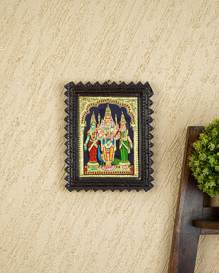 Tanjore Painting (Chettinad Frame) - Murugan-Valli-Deivanai - Flat (Gold Foil) - 8x6 inch - WL5654