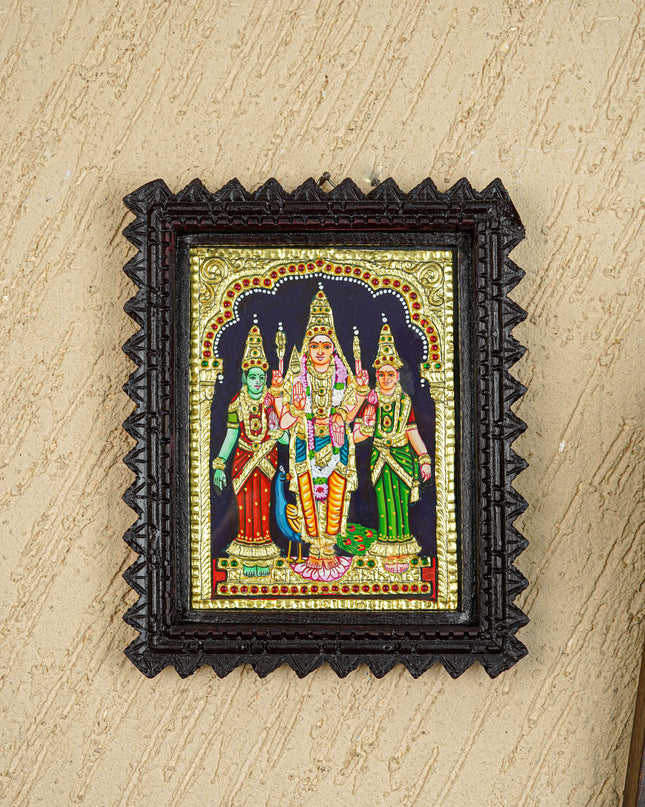 Tanjore Painting (Chettinad Frame) - Murugan-Valli-Deivanai - Flat (Gold Foil) - 8x6 inch - WL5654
