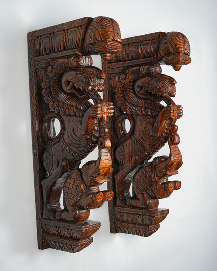 Wooden Carved Yazhi with Elephant Wall Hanging Bracket - Set of 2 - 27 inch - WL5653
