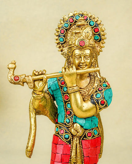 Brass Krishna Idol with Stonework - 10 inch - WL5665