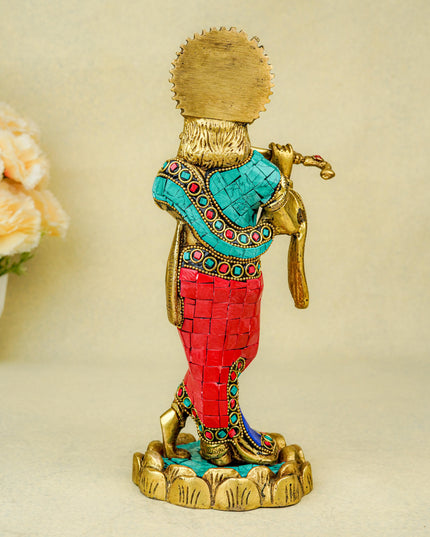Brass Krishna Idol with Stonework - 10 inch - WL5665