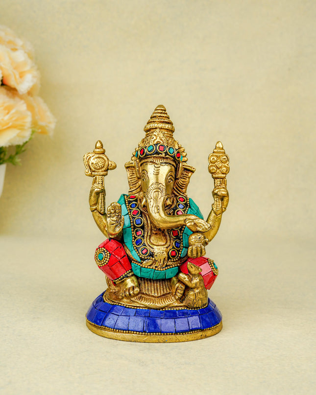 Brass Ganesha Idol with Stonework - 6 inch - WL5666