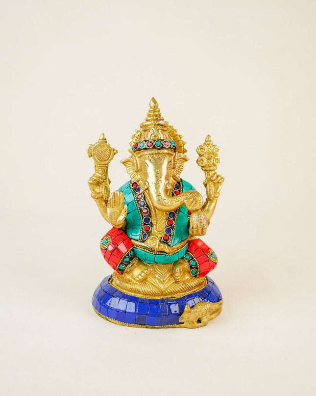 Brass Ganesha Idol with Stonework - 6 inch - WL5666