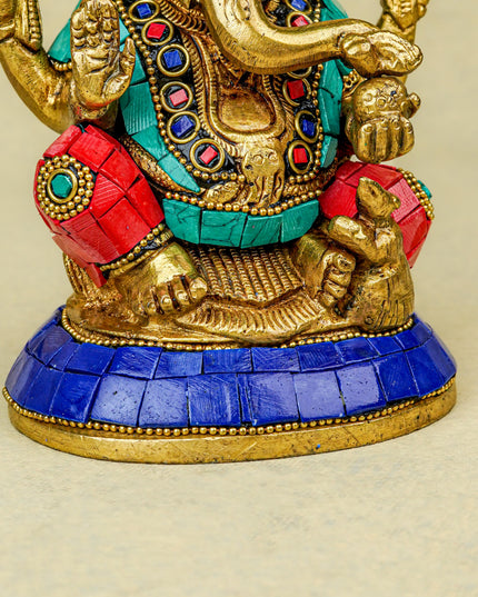 Brass Ganesha Idol with Stonework - 6 inch - WL5666