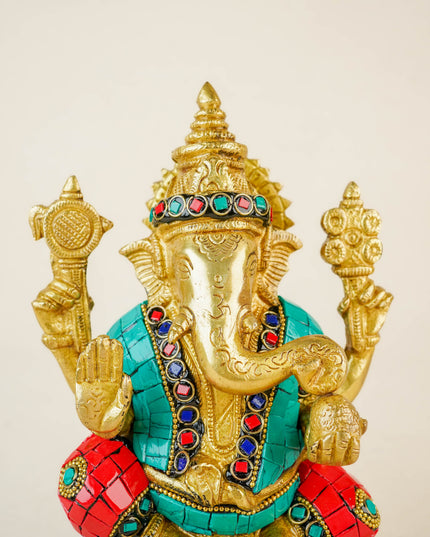 Brass Ganesha Idol with Stonework - 6 inch - WL5666