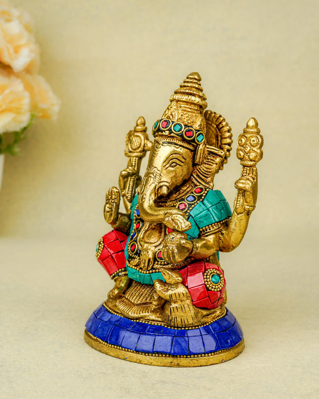 Brass Ganesha Idol with Stonework - 6 inch - WL5666