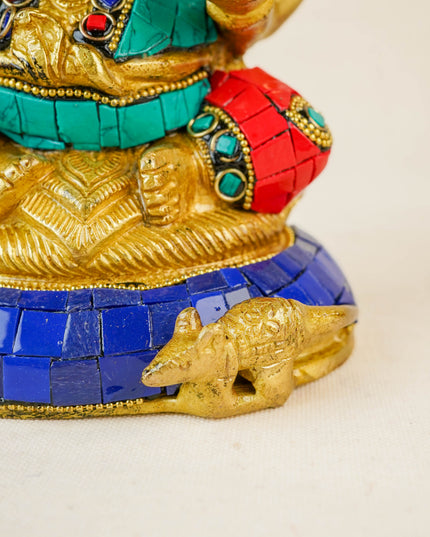 Brass Ganesha Idol with Stonework - 6 inch - WL5666