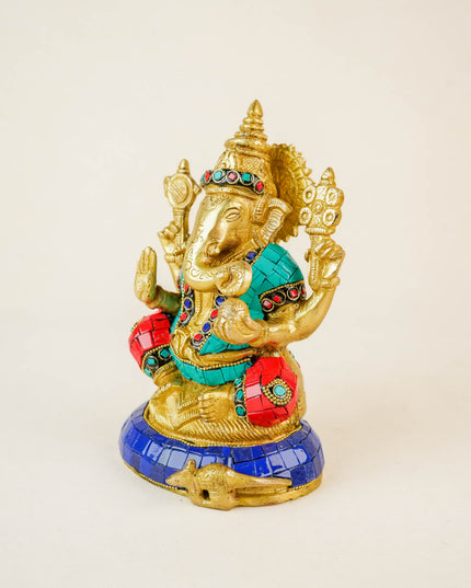 Brass Ganesha Idol with Stonework - 6 inch - WL5666