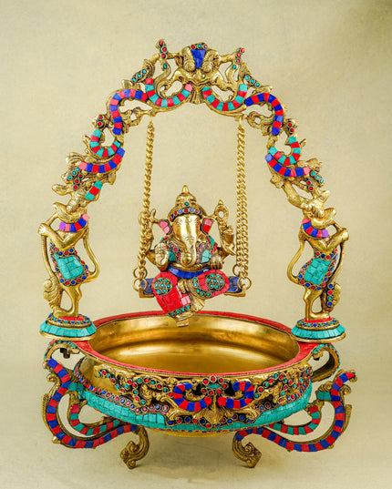 Brass Jhoola Ganesha with Urli Stonework - 21 inch - WL5667