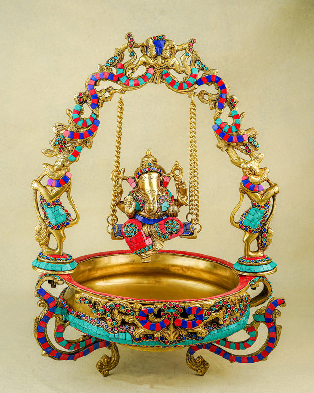 Brass Jhoola Ganesha with Urli Stonework - 21 inch - WL5667