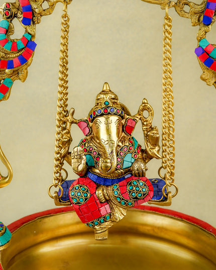Brass Jhoola Ganesha with Urli Stonework - 21 inch - WL5667