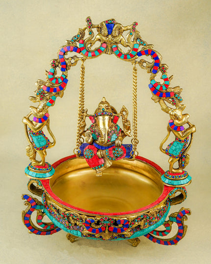 Brass Jhoola Ganesha with Urli Stonework - 21 inch - WL5667