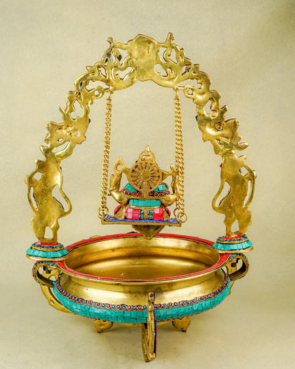 Brass Jhoola Ganesha with Urli Stonework - 21 inch - WL5667