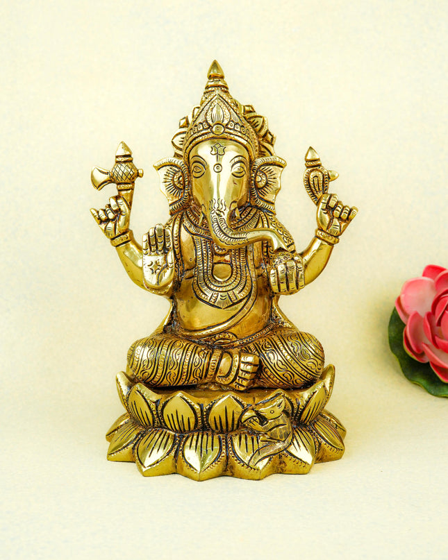 Brass Ganesha on Lotus - 9 inch - WL5670