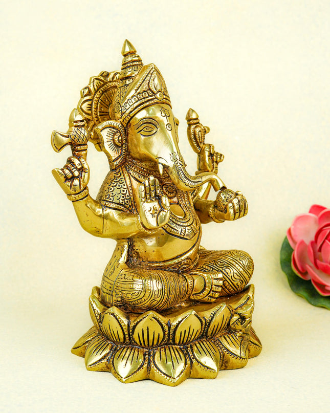 Brass Ganesha on Lotus - 9 inch - WL5670