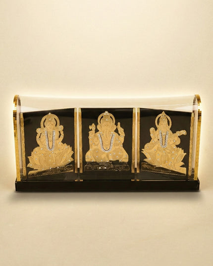 Gold Plated - Ganesha Lakshmi Sarawathi with Arcylic Cabinet - WL5720
