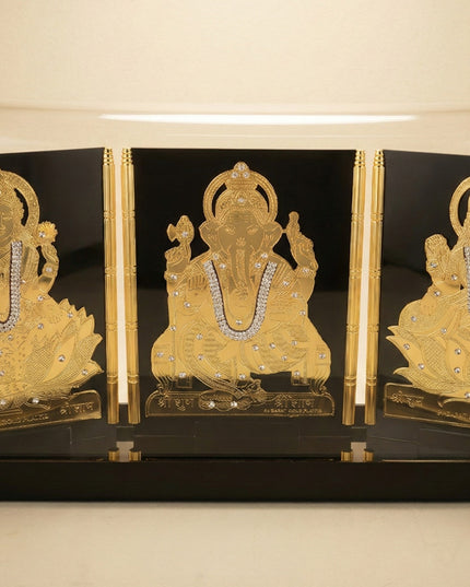 Gold Plated - Ganesha Lakshmi Sarawathi with Arcylic Cabinet - WL5720