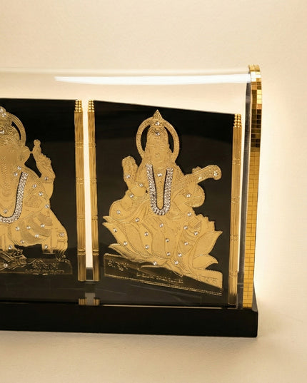 Gold Plated - Ganesha Lakshmi Sarawathi with Arcylic Cabinet - WL5720