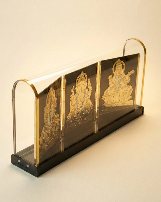 Gold Plated - Ganesha Lakshmi Sarawathi with Arcylic Cabinet - WL5720