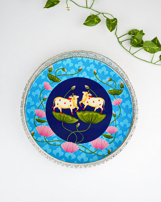 German Silver Pichwai Tray - Blue - 10 inch - WL5725