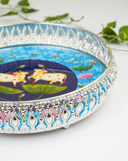 German Silver Pichwai Tray - Blue - 10 inch - WL5725
