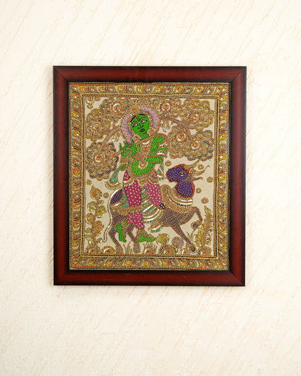 Kalamkari Semi Silk Artwork - Krishna with Cow - WL5728