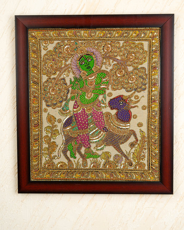 Kalamkari Semi Silk Artwork - Krishna with Cow - WL5728